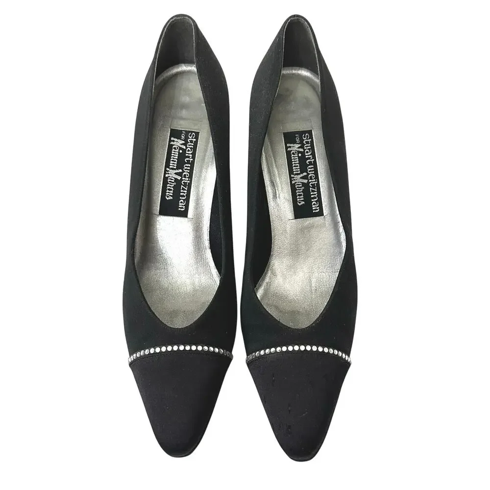 Vintage 80s/90s Stuart Weitzman for Neiman Marcus Black Satin Rhinestone Heels 8